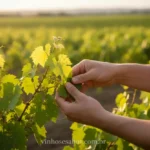 Mãos cuidando de uma videira jovem em um vinhedo ensolarado.