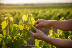Mãos cuidando de uma videira jovem em um vinhedo ensolarado.