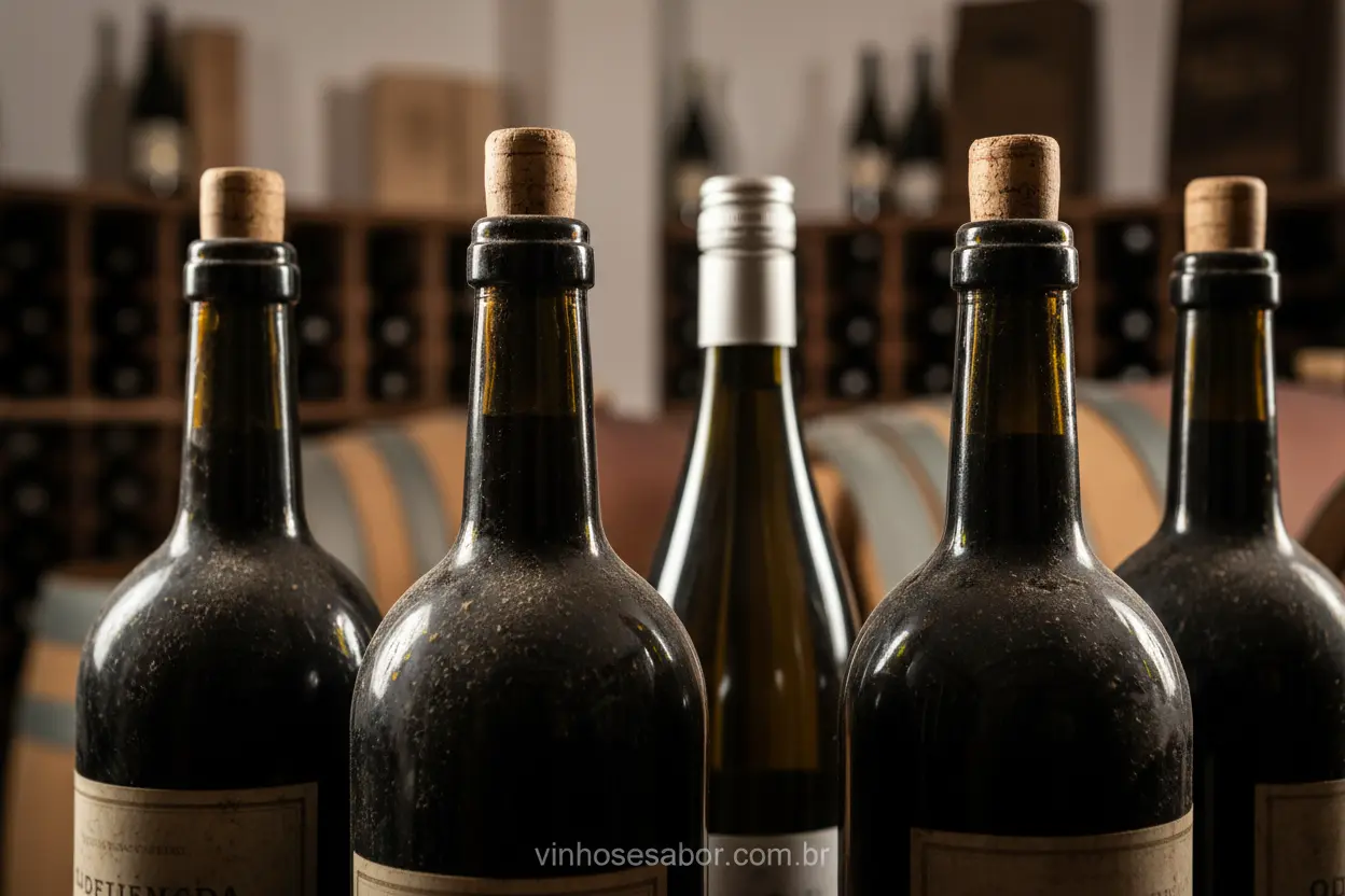Vinho com tampa de rosca e garrafas antigas em adega