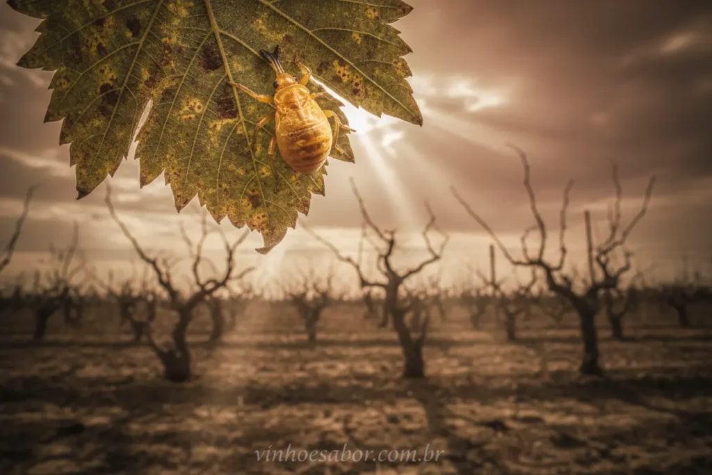 Filoxera em folha de videira, a praga que mudou o mundo do vinho.