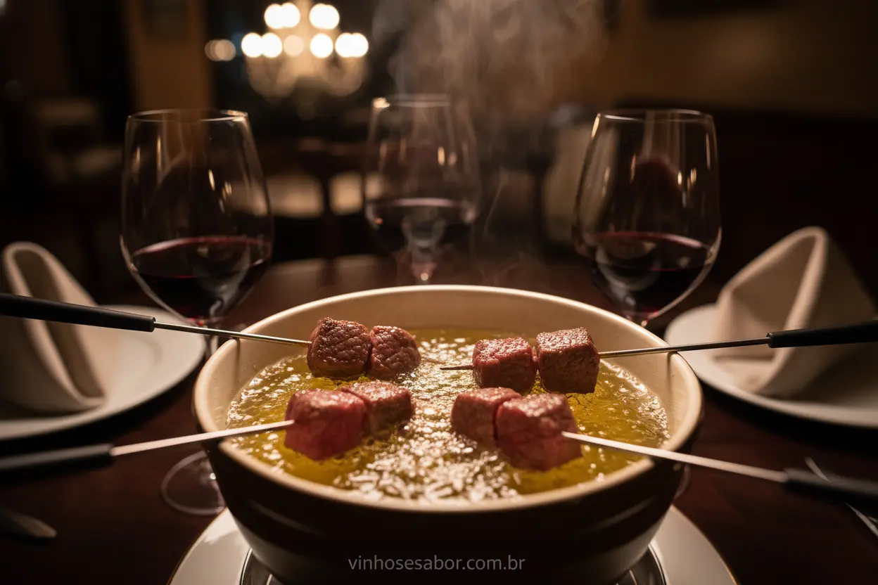 Fondue de carne com taças de vinho tinto, destacando a harmonização.