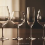 Diversas taças de vinho em uma mesa de madeira.