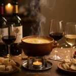 Mesa aconchegante com fondue de queijo e garrafas de vinho para harmonização.