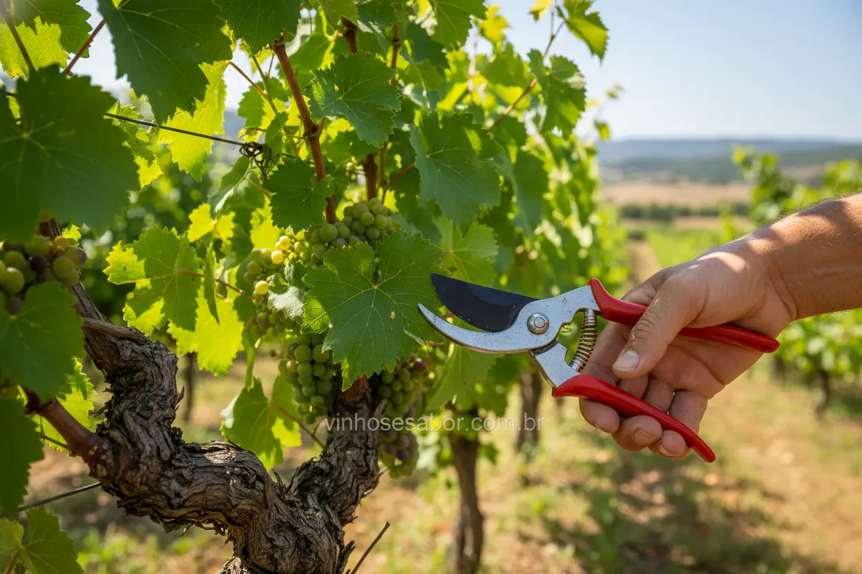 Jardineiro podando uma videira madura com cachos de uva.