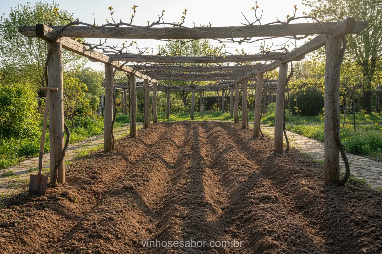 Solo preparado e estrutura de suporte para cultivar uvas para vinho.