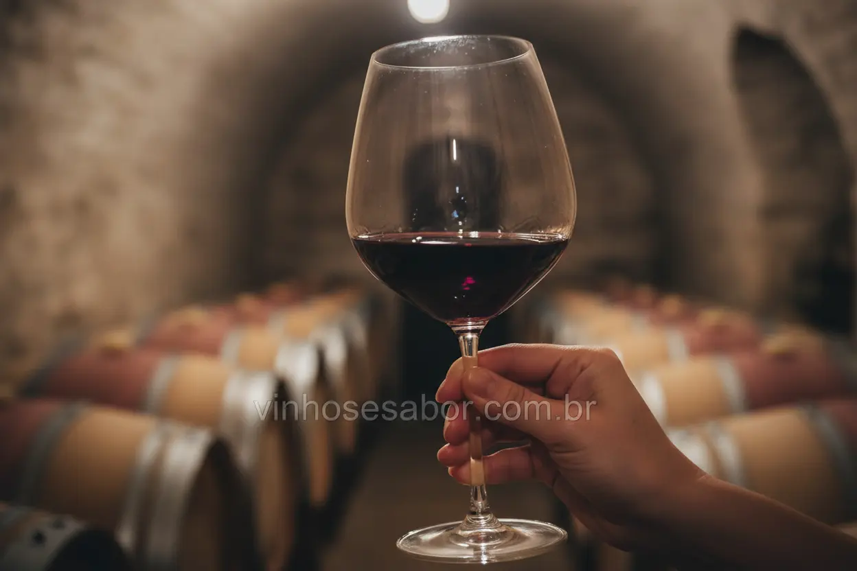 Taça de vinho tinto Bordeaux sendo segurada.