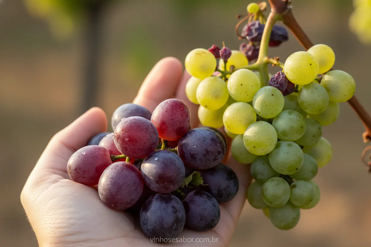 Cachos de uvas tintas e brancas recém-colhidas.