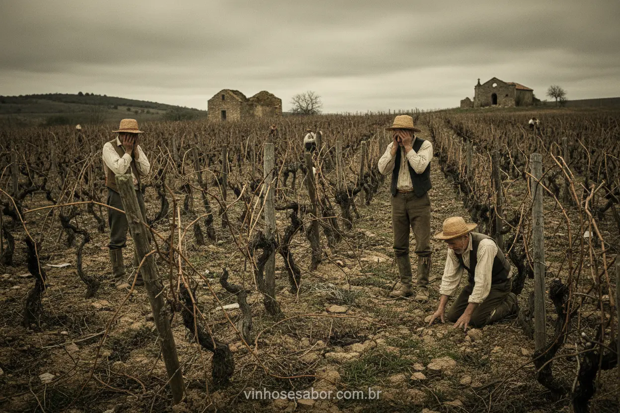 Vinhedos Devastados pela Filoxera Vinhedo europeu devastado pela praga da filoxera.