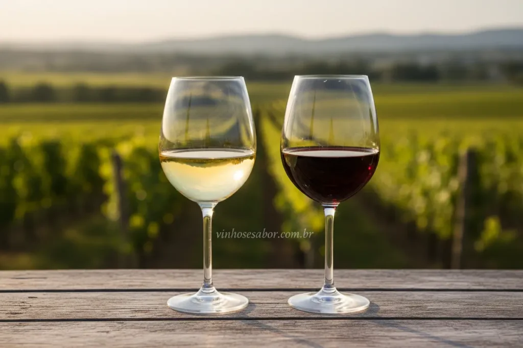 Duas taças, uma de vinho branco e outra de tinto, em uma mesa de madeira.