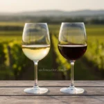 Duas taças, uma de vinho branco e outra de tinto, em uma mesa de madeira.