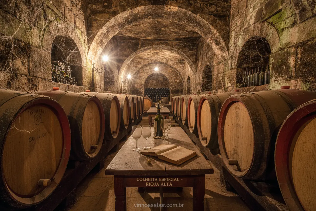 Interior de adega histórica de Rioja com barris