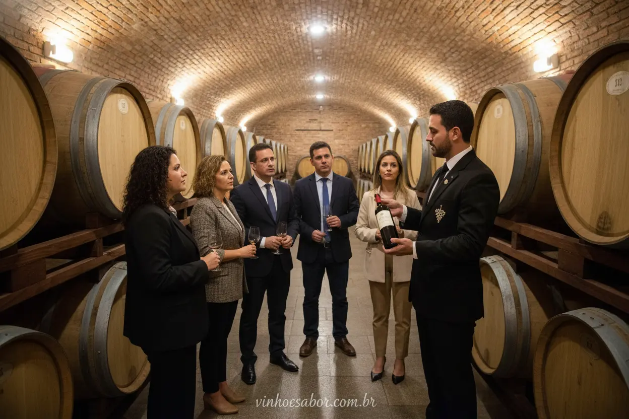 Sommelier explicando vinho em adega de Bento Gonçalves