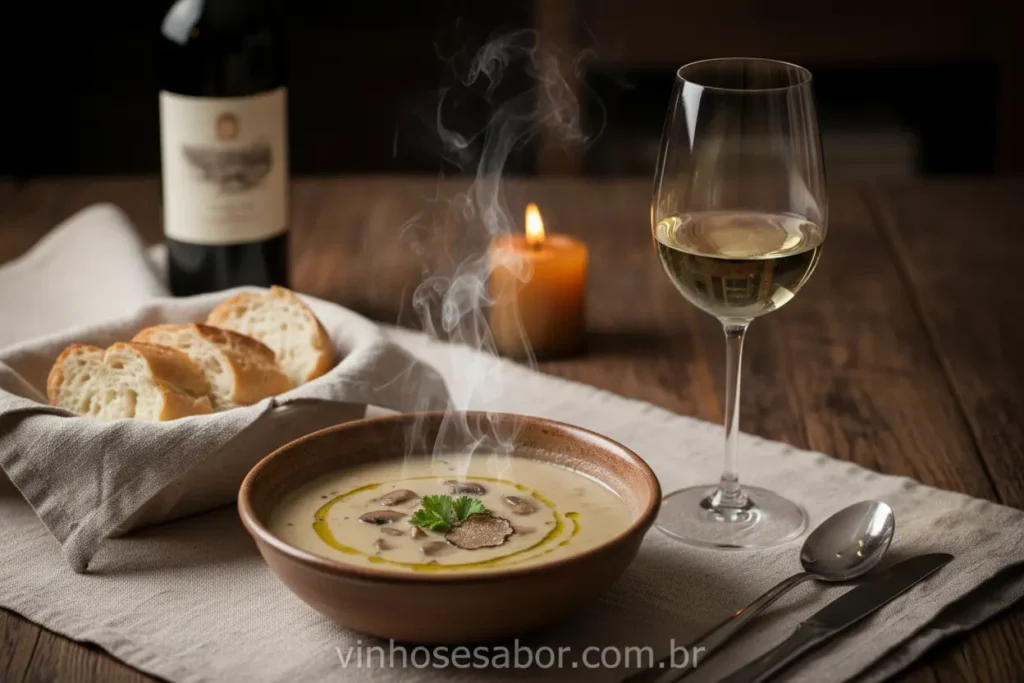 Taça de vinho branco e tigela de sopa cremosa em uma mesa aconchegante.