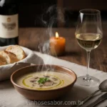Taça de vinho branco e tigela de sopa cremosa em uma mesa aconchegante.