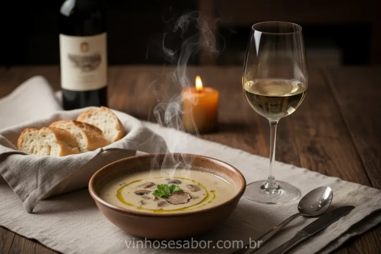 Taça de vinho branco e tigela de sopa cremosa em uma mesa aconchegante.