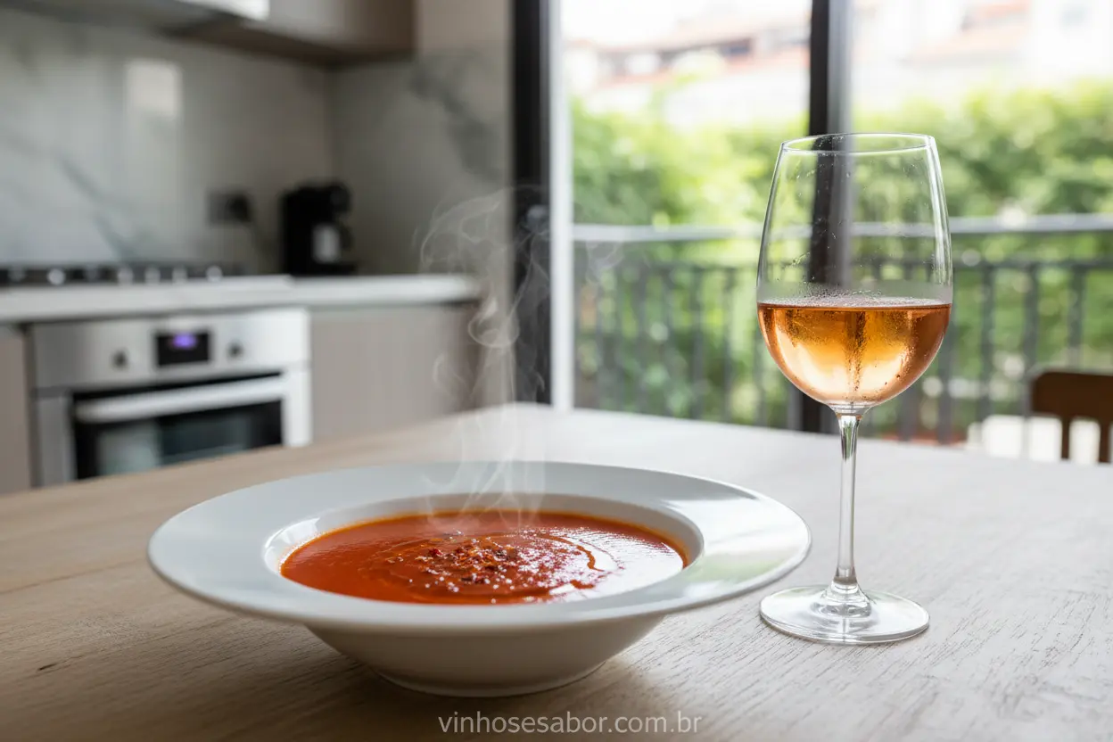 Harmonização com sopas e cremes: vinho Rosé e sopa de tomate.