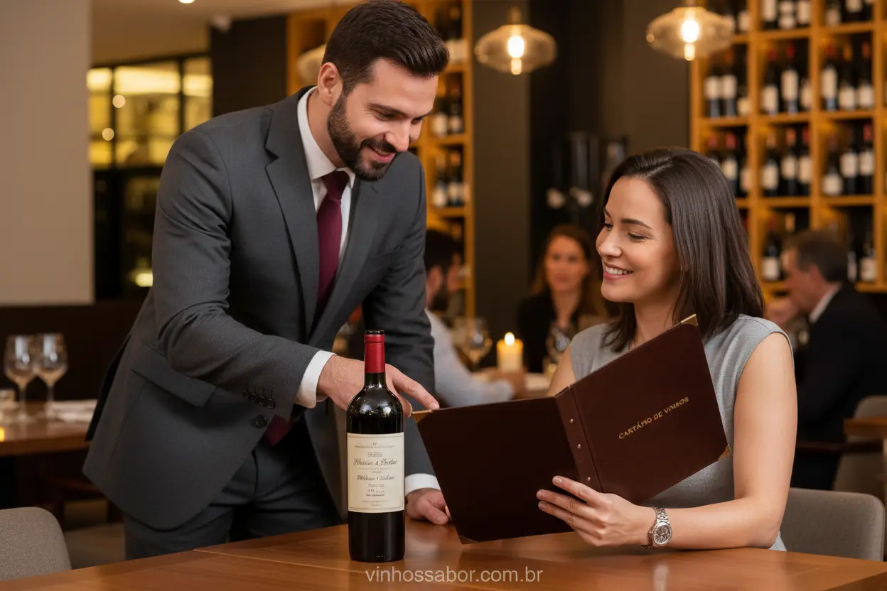 Sommelier auxiliando na escolha Sommelier e cliente em diálogo sobre vinho