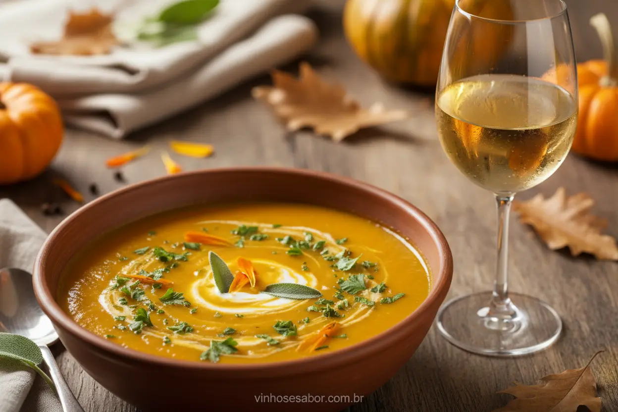 Sopa cremosa de abóbora e um copo de vinho Chardonnay.