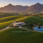 Vinícola sul-africana com montanhas e vinhedos ao pôr do sol.