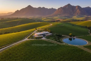 Vinícola sul-africana com montanhas e vinhedos ao pôr do sol.