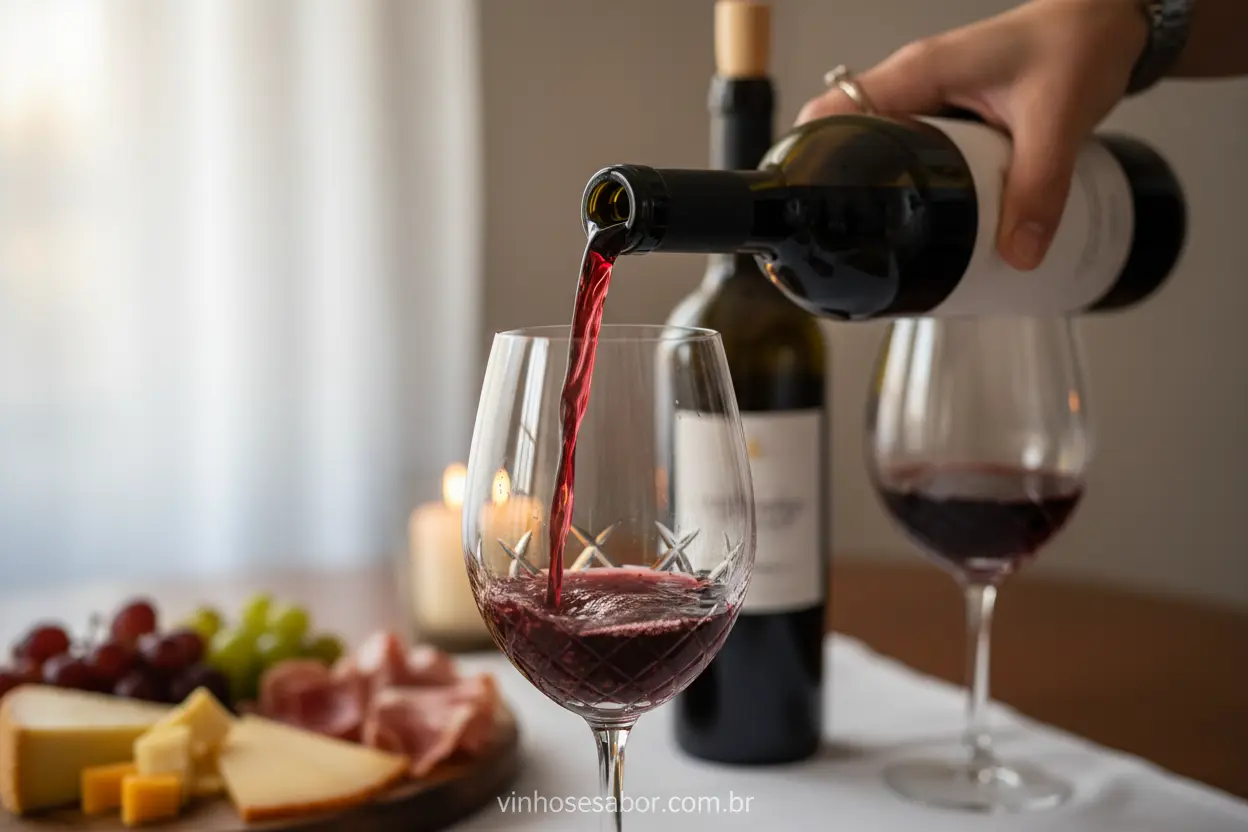 Mão servindo vinho tinto em uma taça de cristal