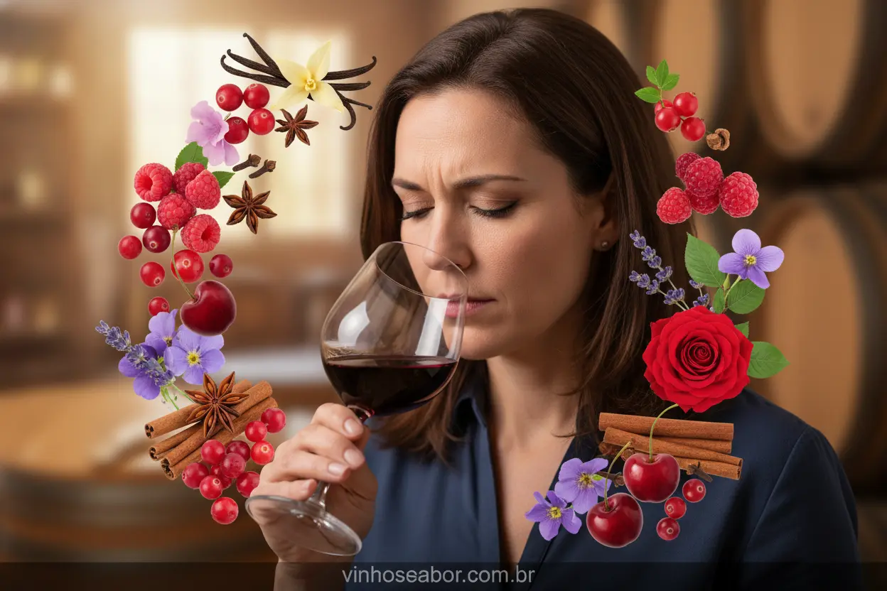 Pessoa cheirando vinho, identificando aromas frutados e especiarias
