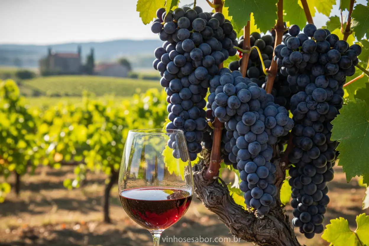 Uvas Cabernet Sauvignon e vinho tinto em uma taça, em um vinhedo.
