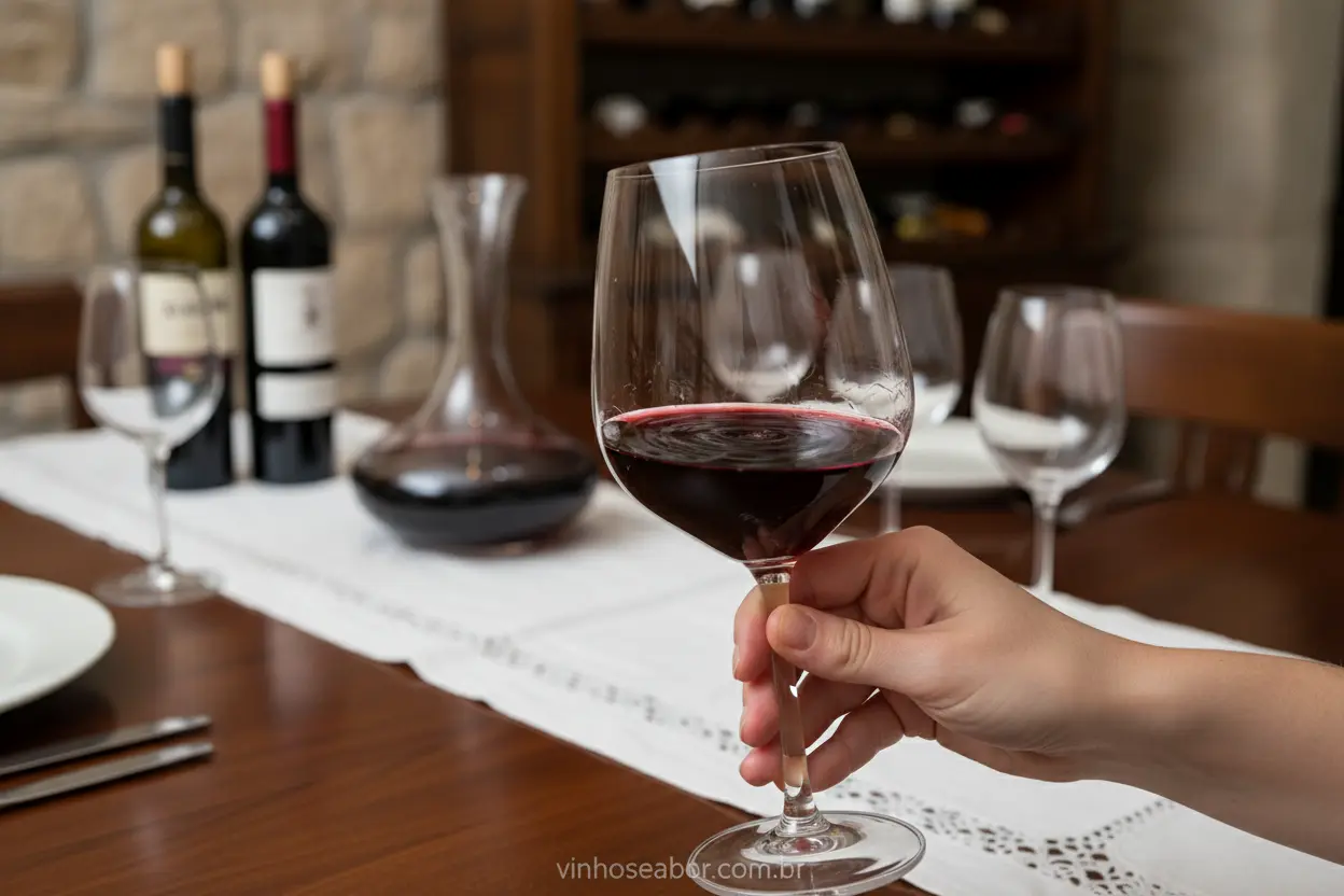 Degustação Aprimorada Mão segurando taça de vinho com decanter ao fundo.