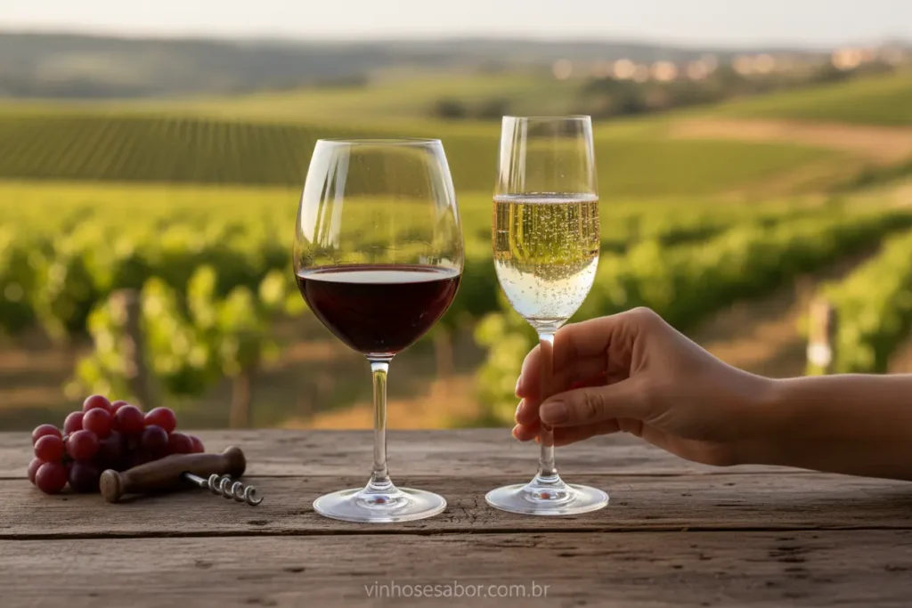 Duas taças de vinho, uma de espumante e outra de vinho tinto, lado a lado