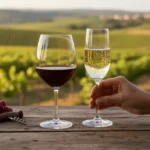 Duas taças de vinho, uma de espumante e outra de vinho tinto, lado a lado