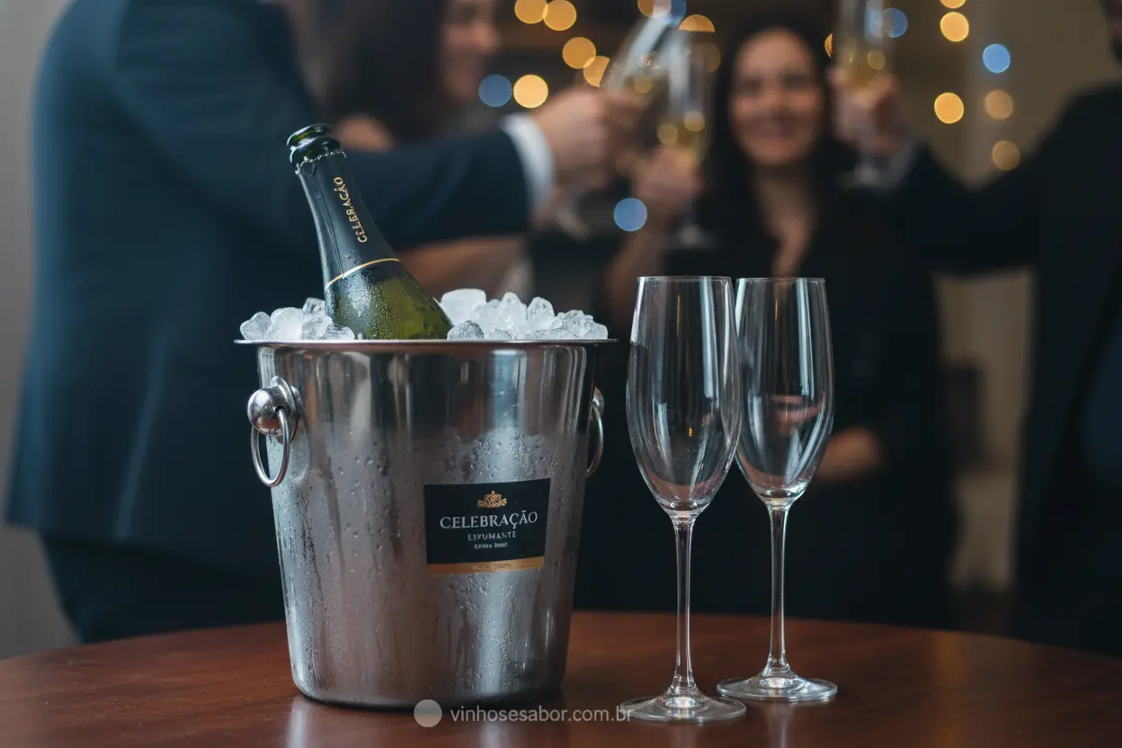 Garrafa de espumante em balde de gelo, temperatura de serviço para vinhos brancos e espumantes.