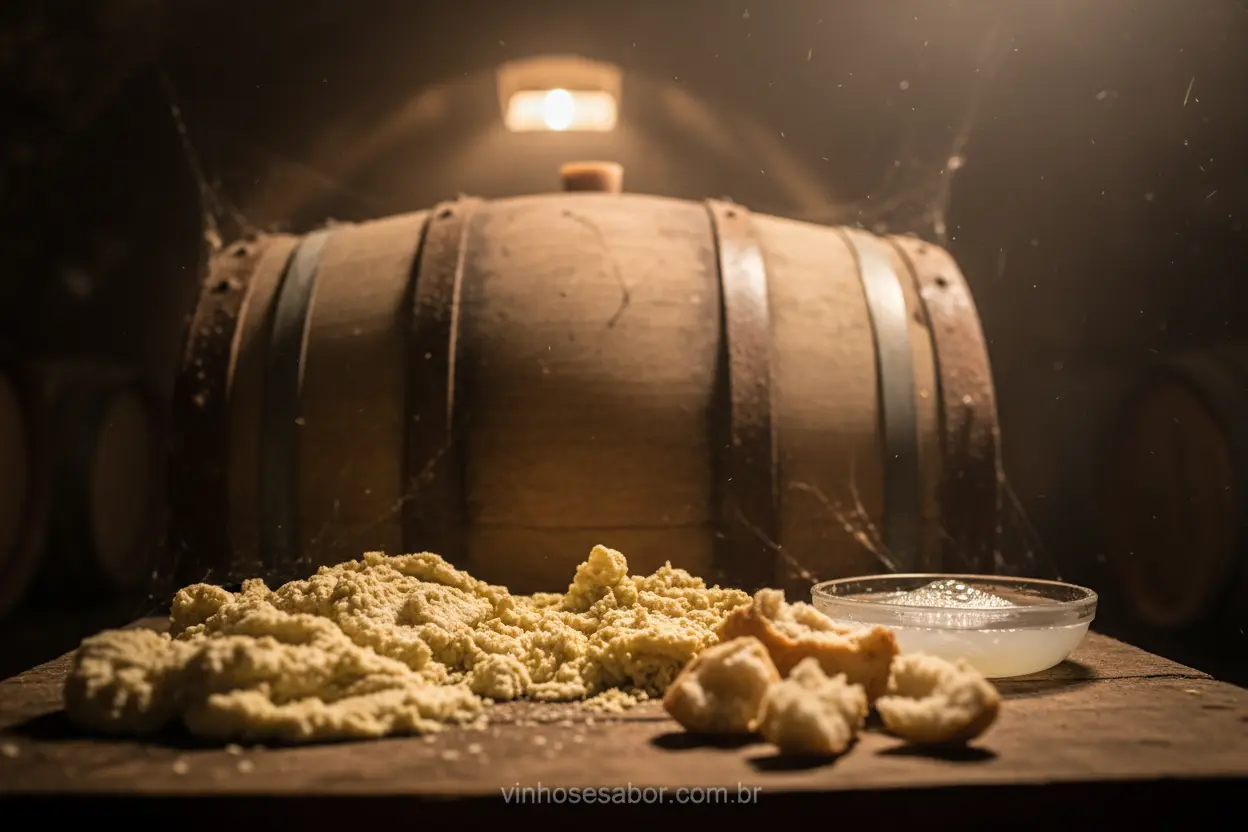 Barril de vinho em adega, simbolizando aromas de fermentação.