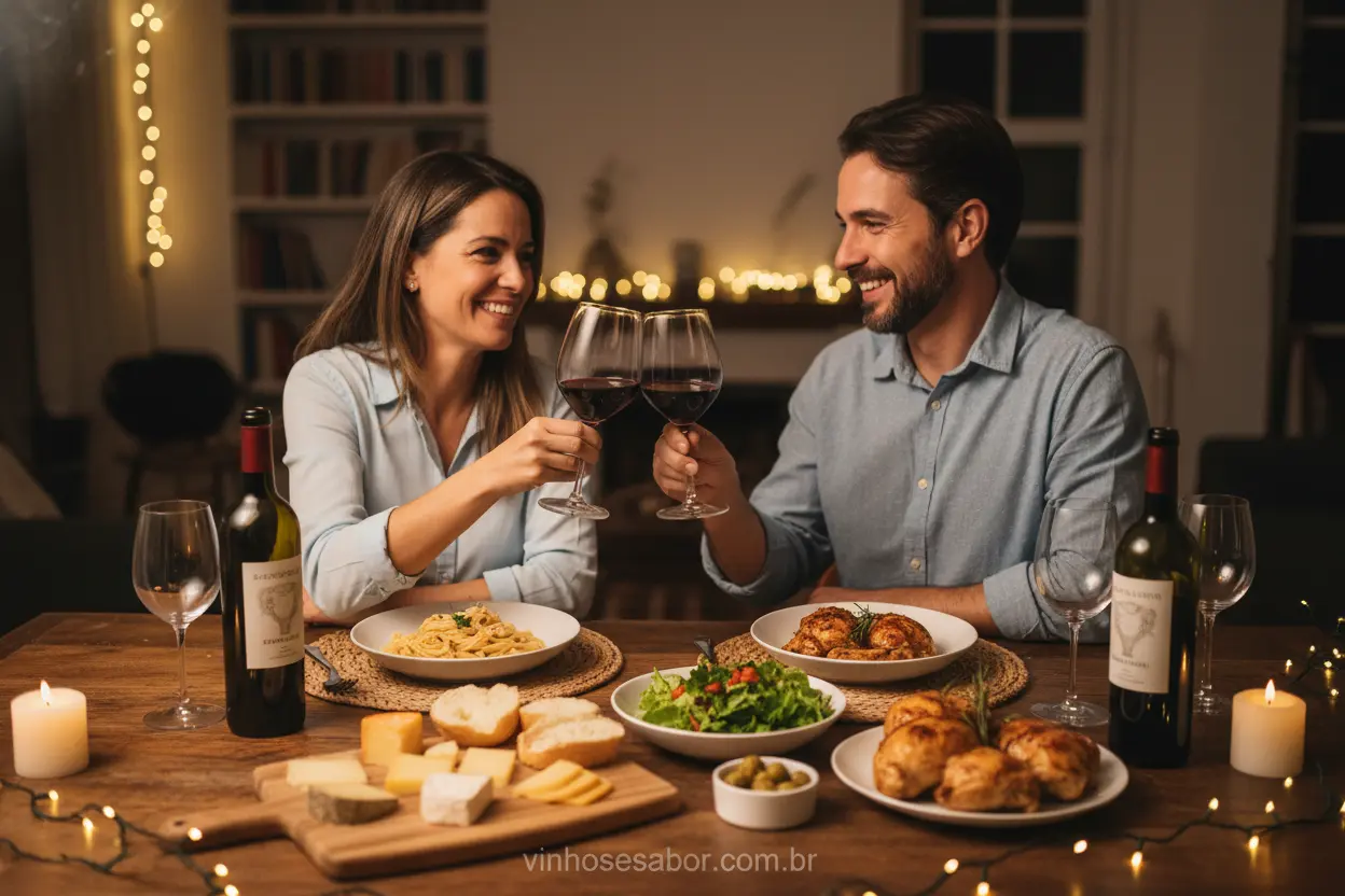 Casal feliz brindando com vinho em jantar descontraído.