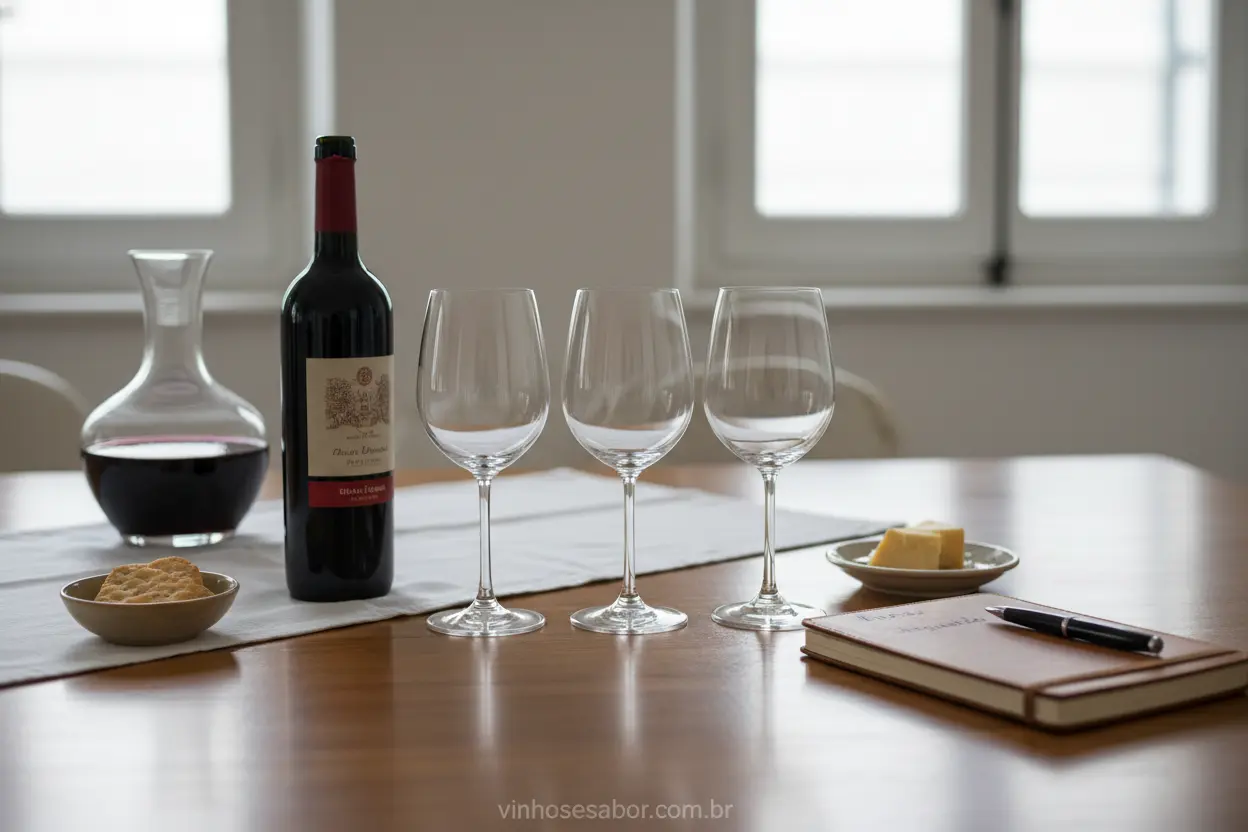 Mesa preparada com taças e garrafa para degustação de vinhos
