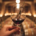Copo de vinho tinto com termômetro, mostrando a temperatura ideal para servir vinho.