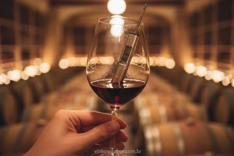 Copo de vinho tinto com termômetro, mostrando a temperatura ideal para servir vinho.