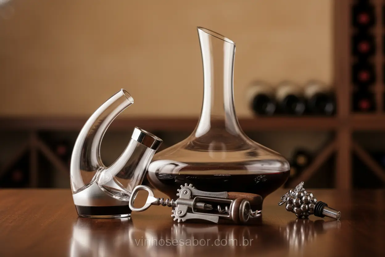 Utensílios Indispensáveis Saca-rolhas, decanter e aerador para vinho.