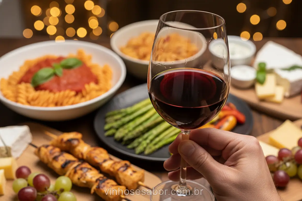 Mão segurando taça de vinho tinto com fundo de pratos diversos.