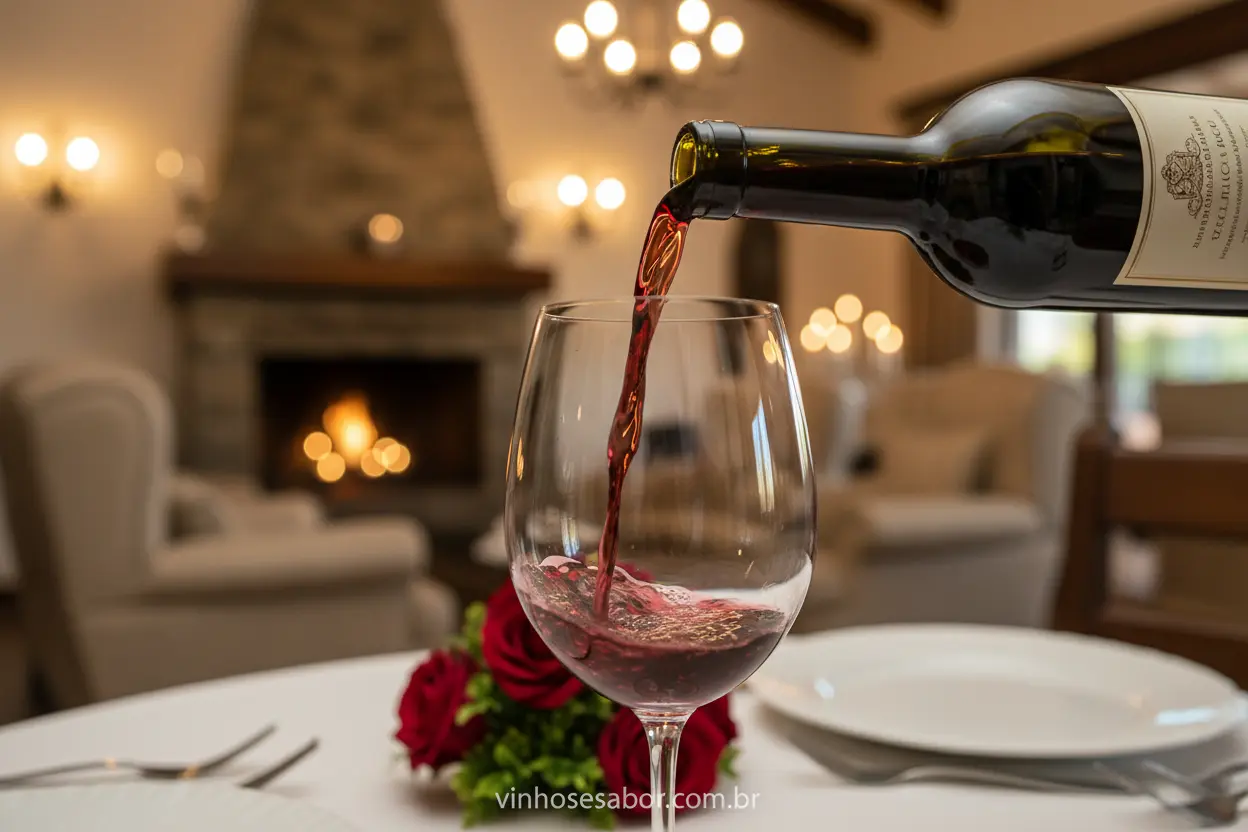 Garrafa de vinho tinto sendo servida em um copo, temperatura de serviço.