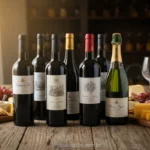Sete garrafas de vinho e petiscos em uma mesa rústica, simbolizando 7 vinhos que combinam com tudo.