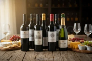 Sete garrafas de vinho e petiscos em uma mesa rústica, simbolizando 7 vinhos que combinam com tudo.