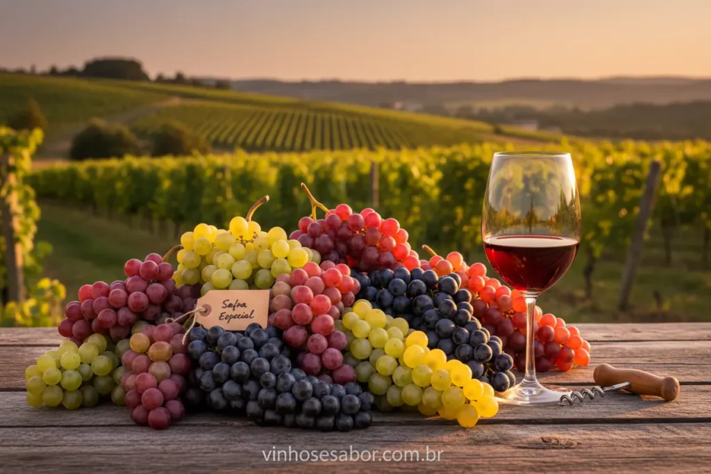 Variedade de uvas e vinho tinto em taça, representando os tipos de uvas mais populares.