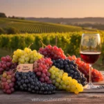 Variedade de uvas e vinho tinto em taça, representando os tipos de uvas mais populares.