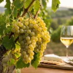 Uva Chardonnay em videira com taça de vinho e queijos