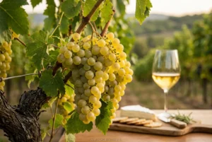 Uva Chardonnay em videira com taça de vinho e queijos