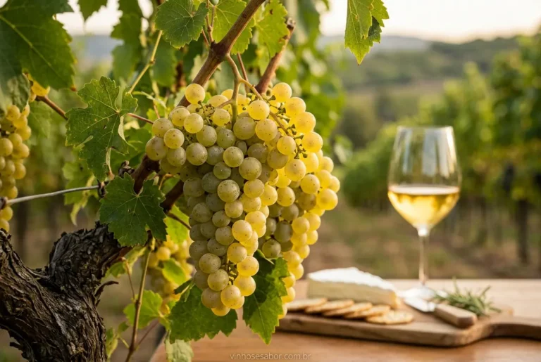 Uva Chardonnay em videira com taça de vinho e queijos