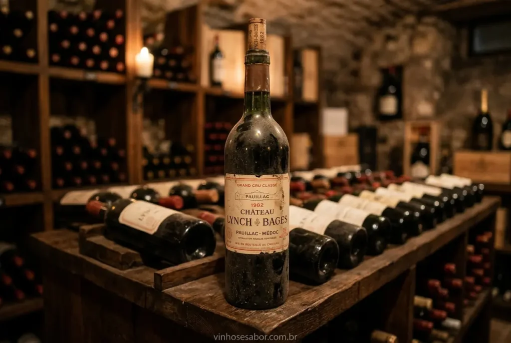 Garrafa de vinho Bordeaux vintage em adega
