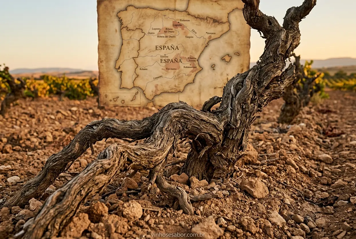 Origem da Uva Tempranillo Raízes de videira Tempranillo antiga no solo espanhol.