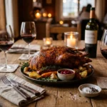 Pato assado e vinho tinto em uma mesa rústica.