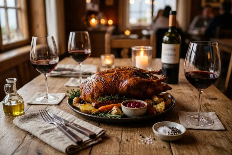 Pato assado e vinho tinto em uma mesa rústica.